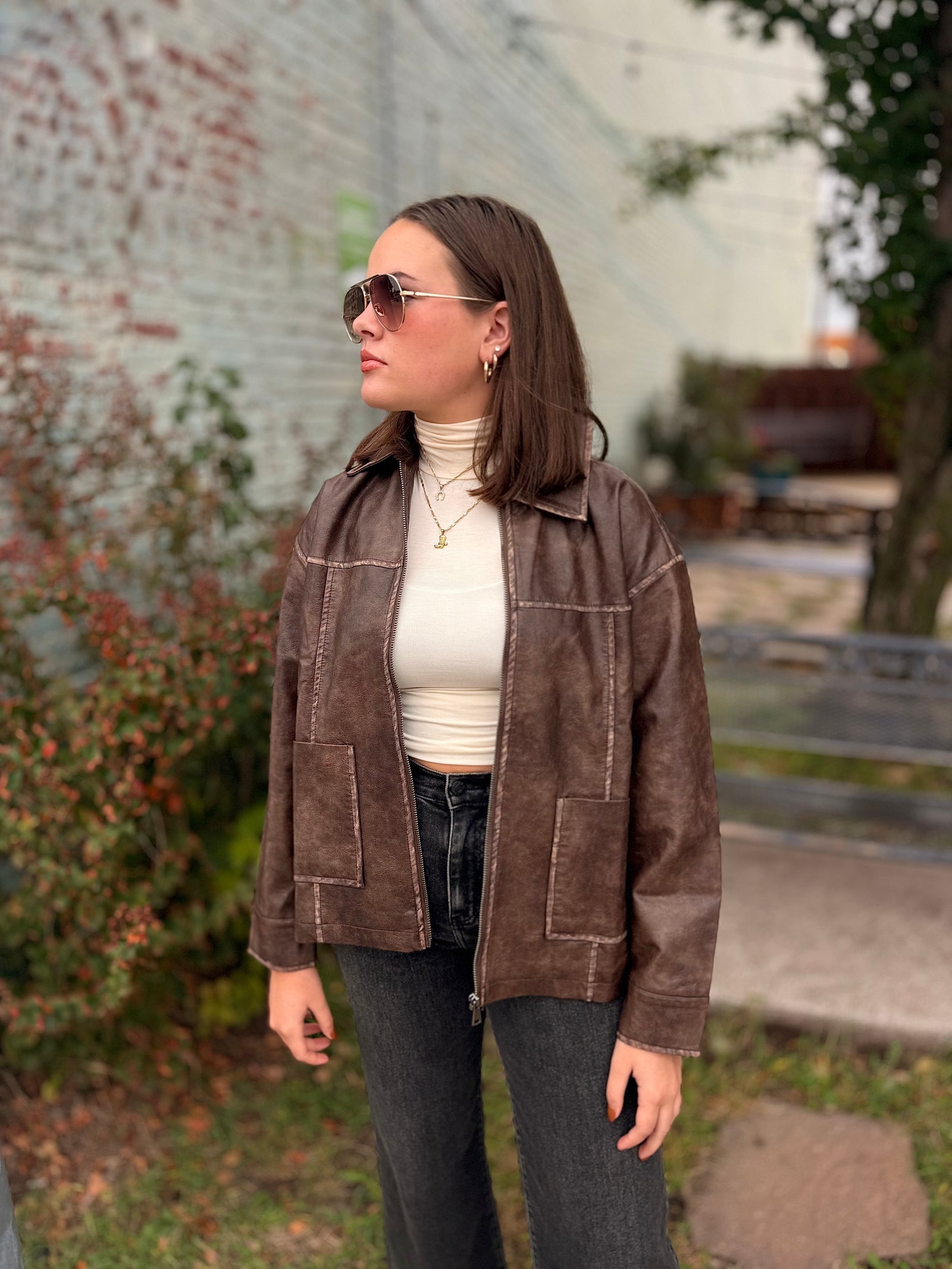 Brown Washed Faux Leather Zip Jacket