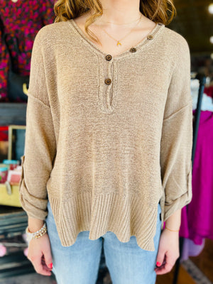 Taupe Cuff Sleeve V-Neck Knit Sweater
