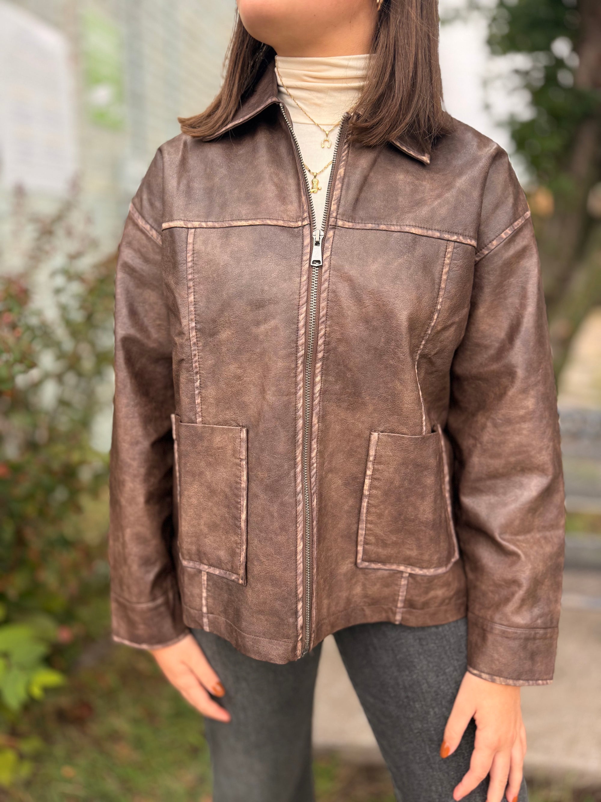Brown Washed Faux Leather Zip Jacket