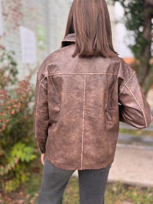 Brown Washed Faux Leather Zip Jacket