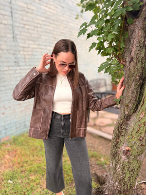 Brown Washed Faux Leather Zip Jacket