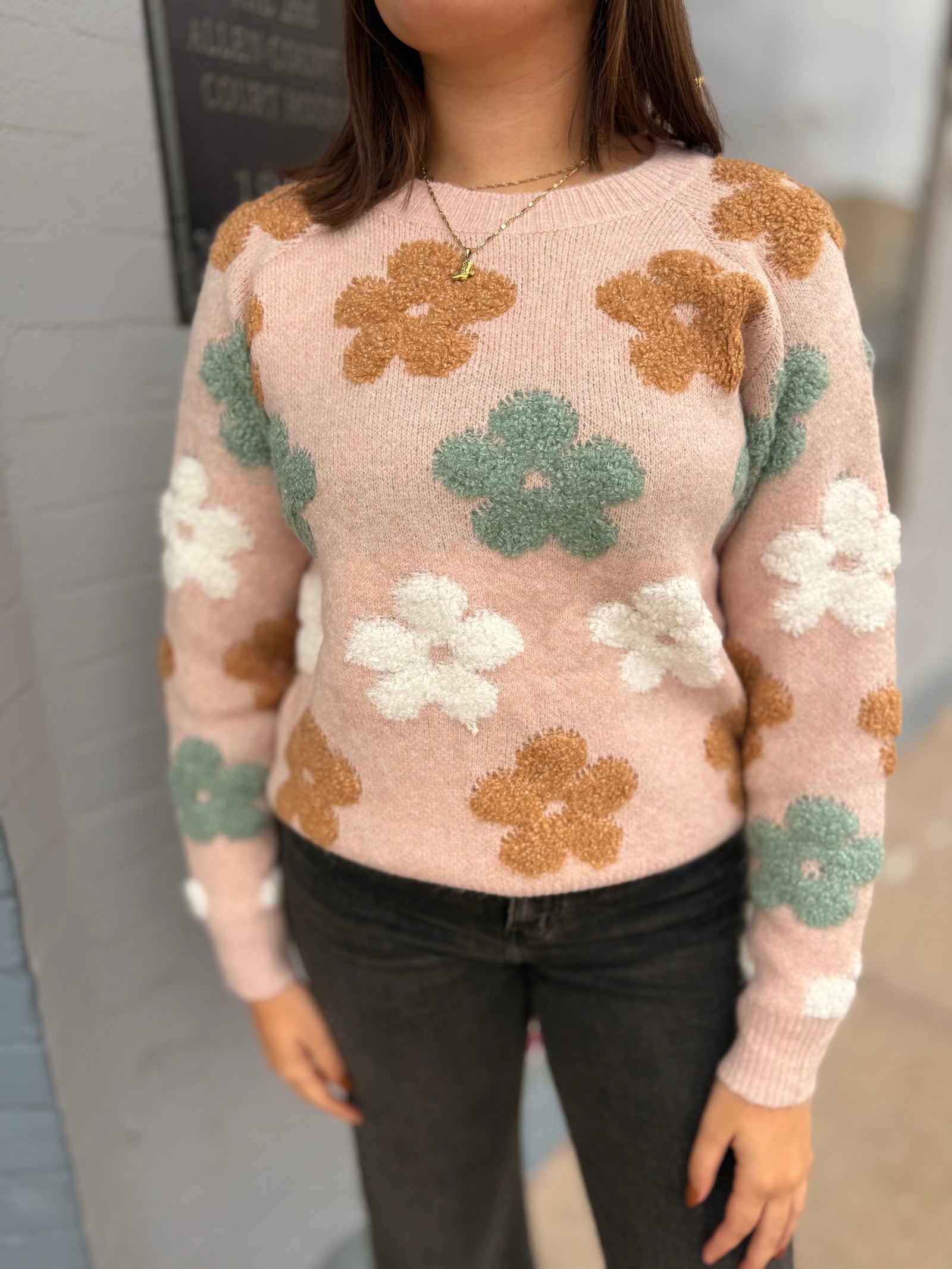 Blush Multi Color Flower Jacquard Sweater