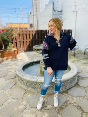 Navy Stripe + Floral Long Sleeve Top