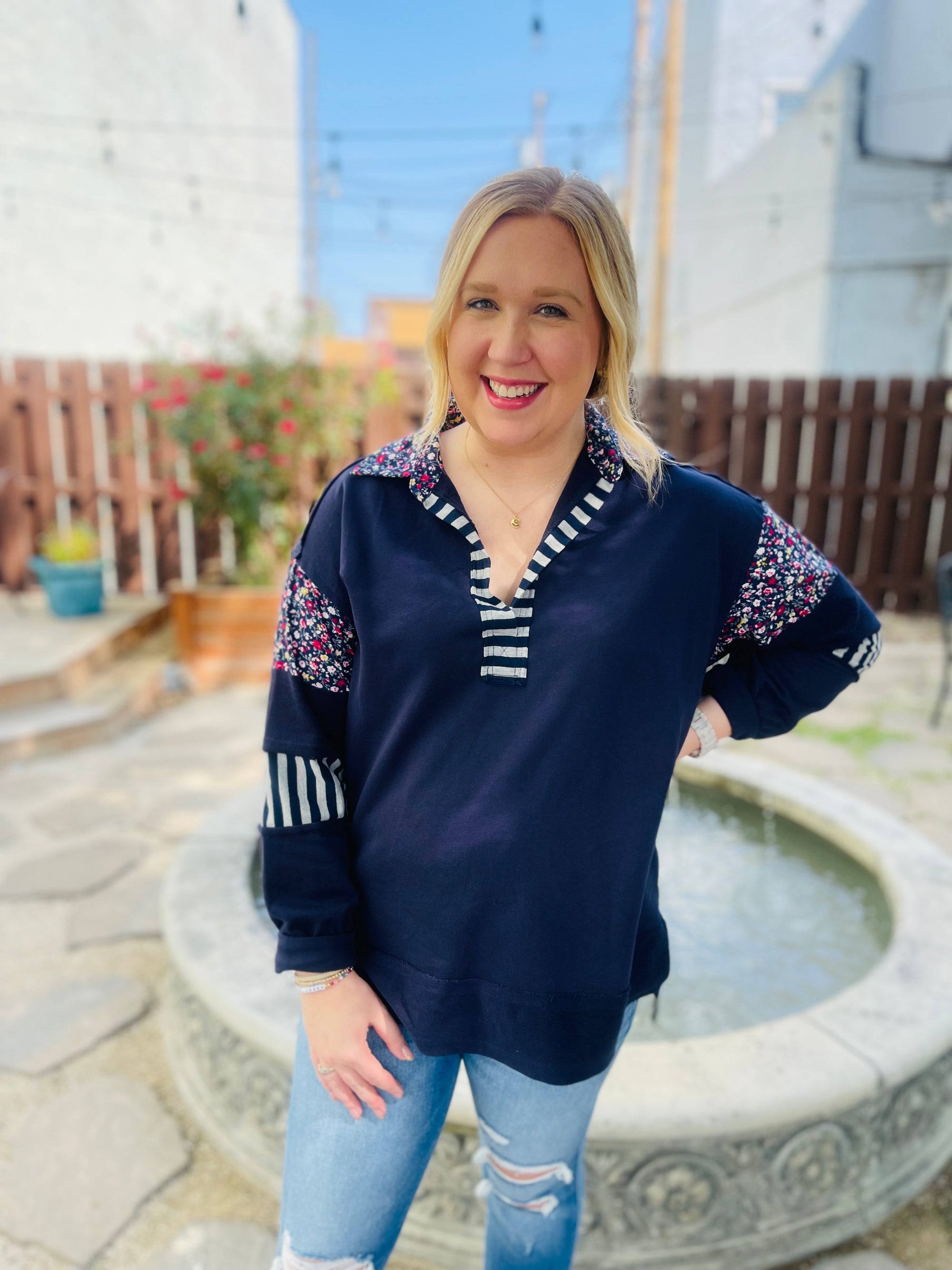 Navy Stripe + Floral Long Sleeve Top