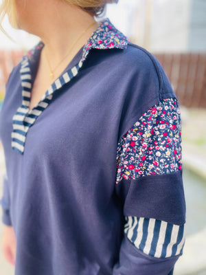 Navy Stripe + Floral Long Sleeve Top