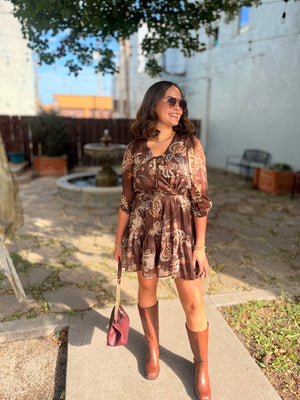 Brown Floral Mini Dress w/ Metallic Detail