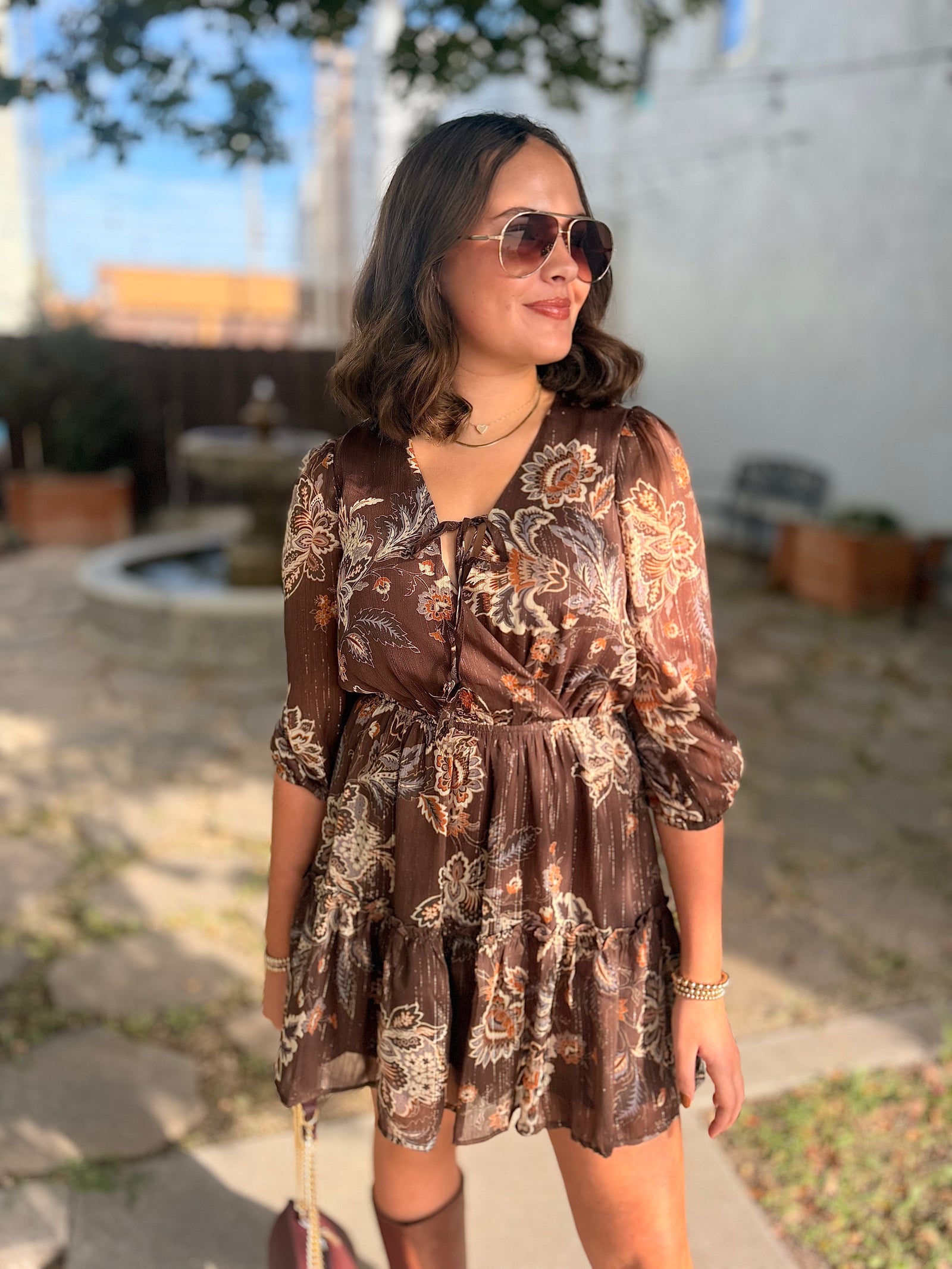 Brown Floral Mini Dress w/ Metallic Detail