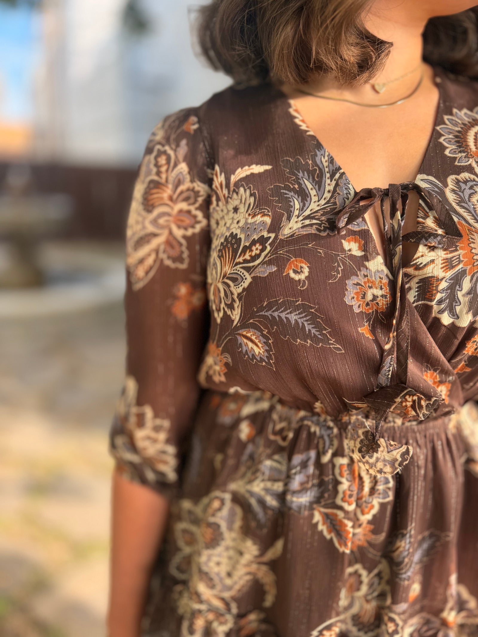 Brown Floral Mini Dress w/ Metallic Detail