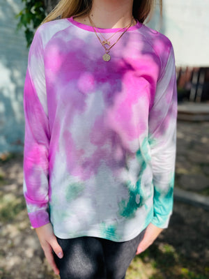 Pink + Green Tie Dye Long Sleeve Top