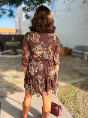 Brown Floral Mini Dress w/ Metallic Detail