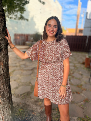 Brown Floral Print Dolman Sleeve Mini Dress