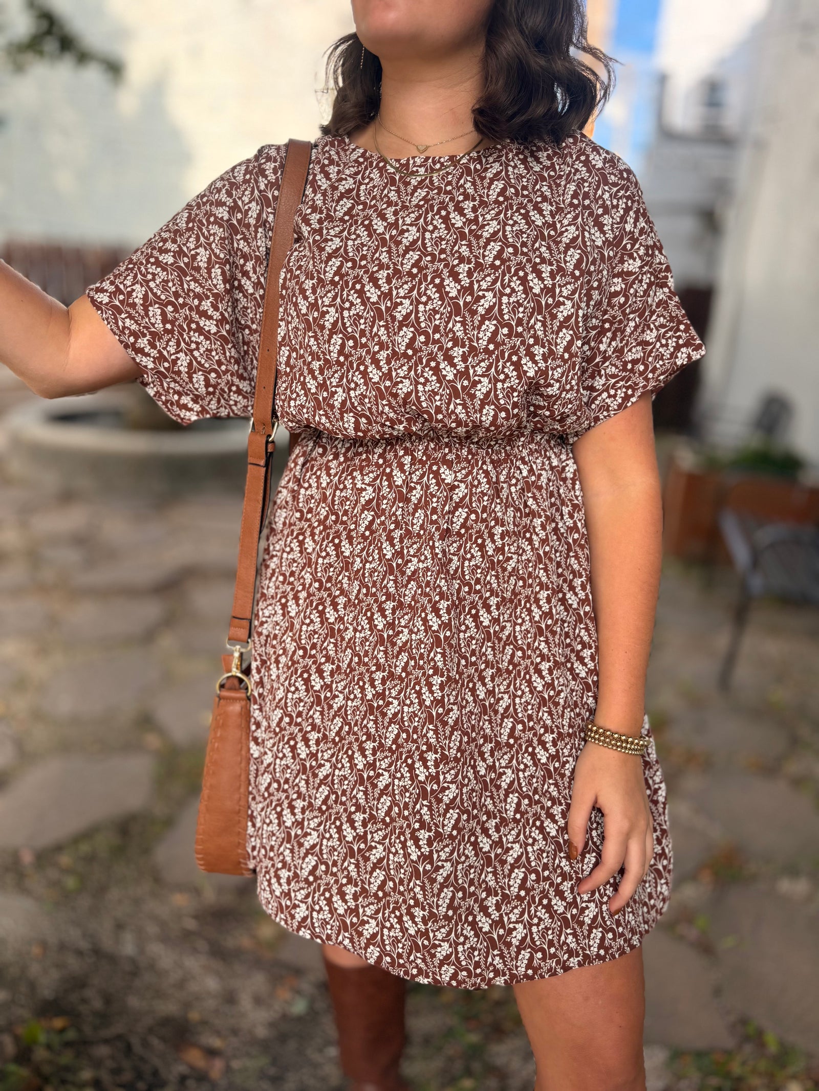 Brown Floral Print Dolman Sleeve Mini Dress