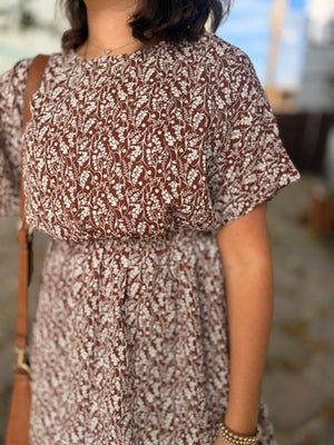 Brown Floral Print Dolman Sleeve Mini Dress