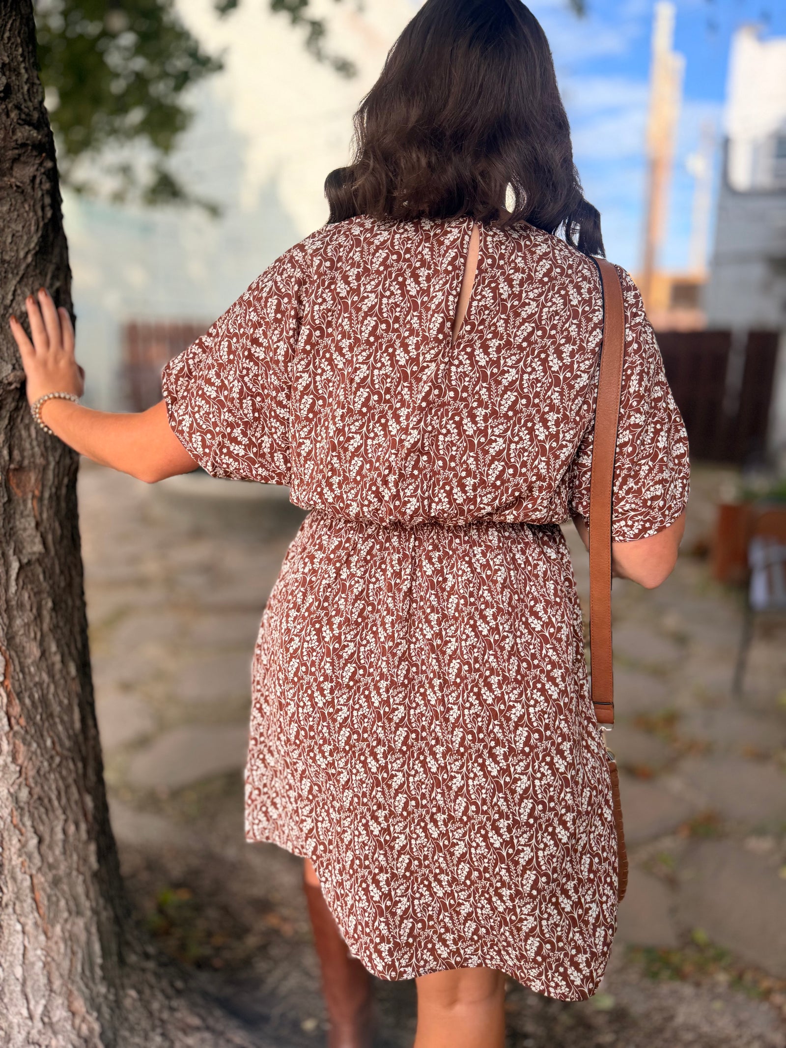 Brown Floral Print Dolman Sleeve Mini Dress