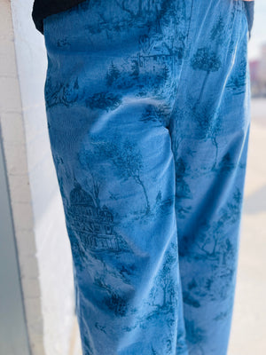 Blue Corduroy Landscape Print Wide Leg Pant w/ Fray Hem