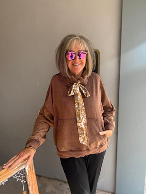 Brown Funnel Neck Sweatshirt w/ Floral Detail