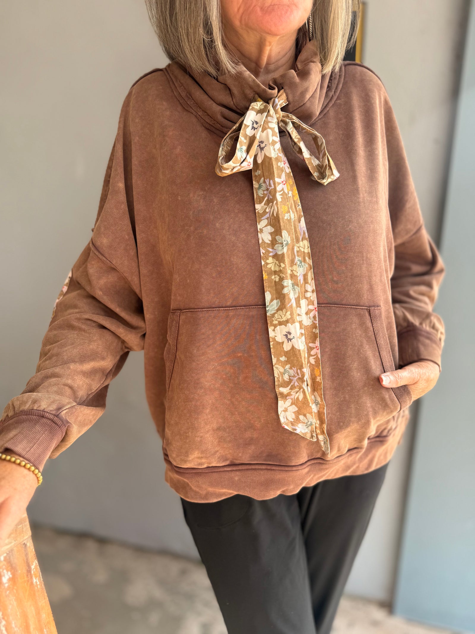 Brown Funnel Neck Sweatshirt w/ Floral Detail