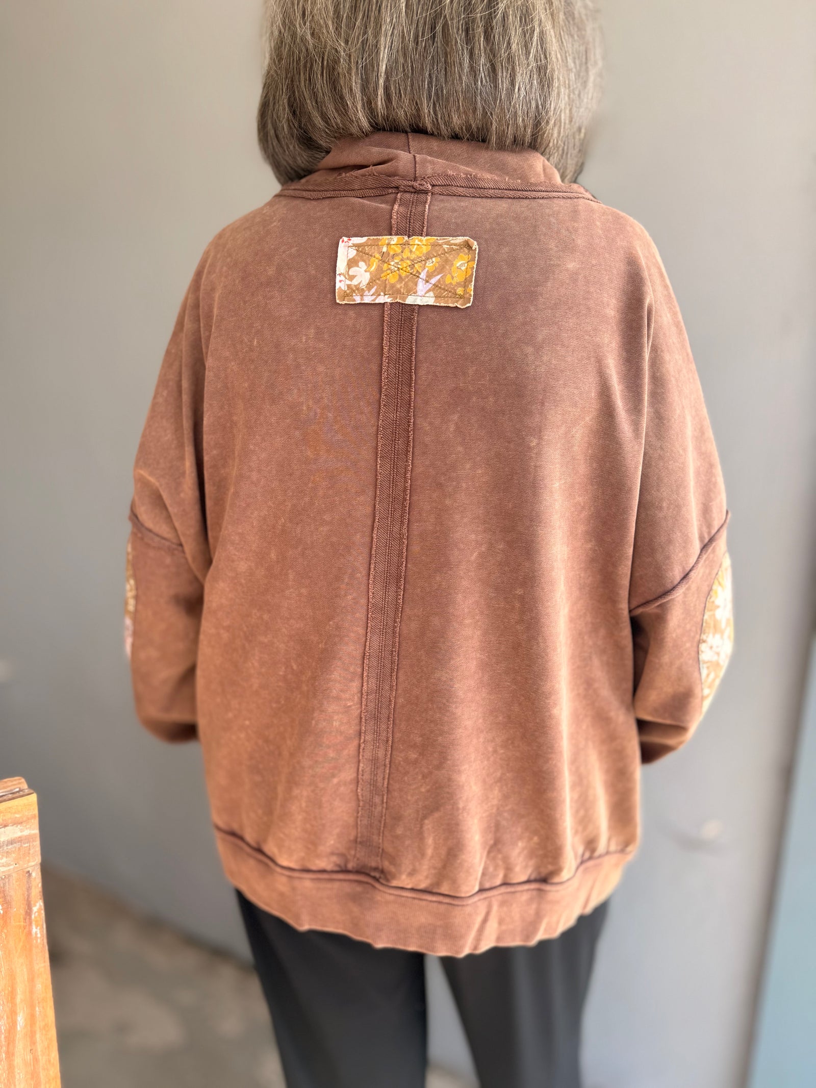 Brown Funnel Neck Sweatshirt w/ Floral Detail