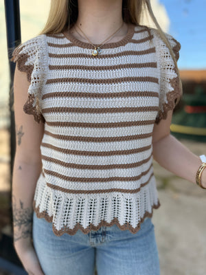 Mocha Stripe Scallop Hem Knit Sweater