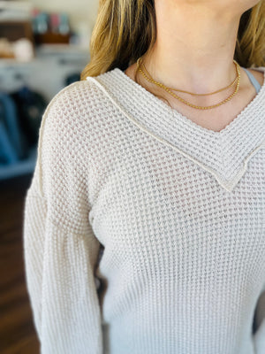 Beige V-Neck Waffle Knit Top