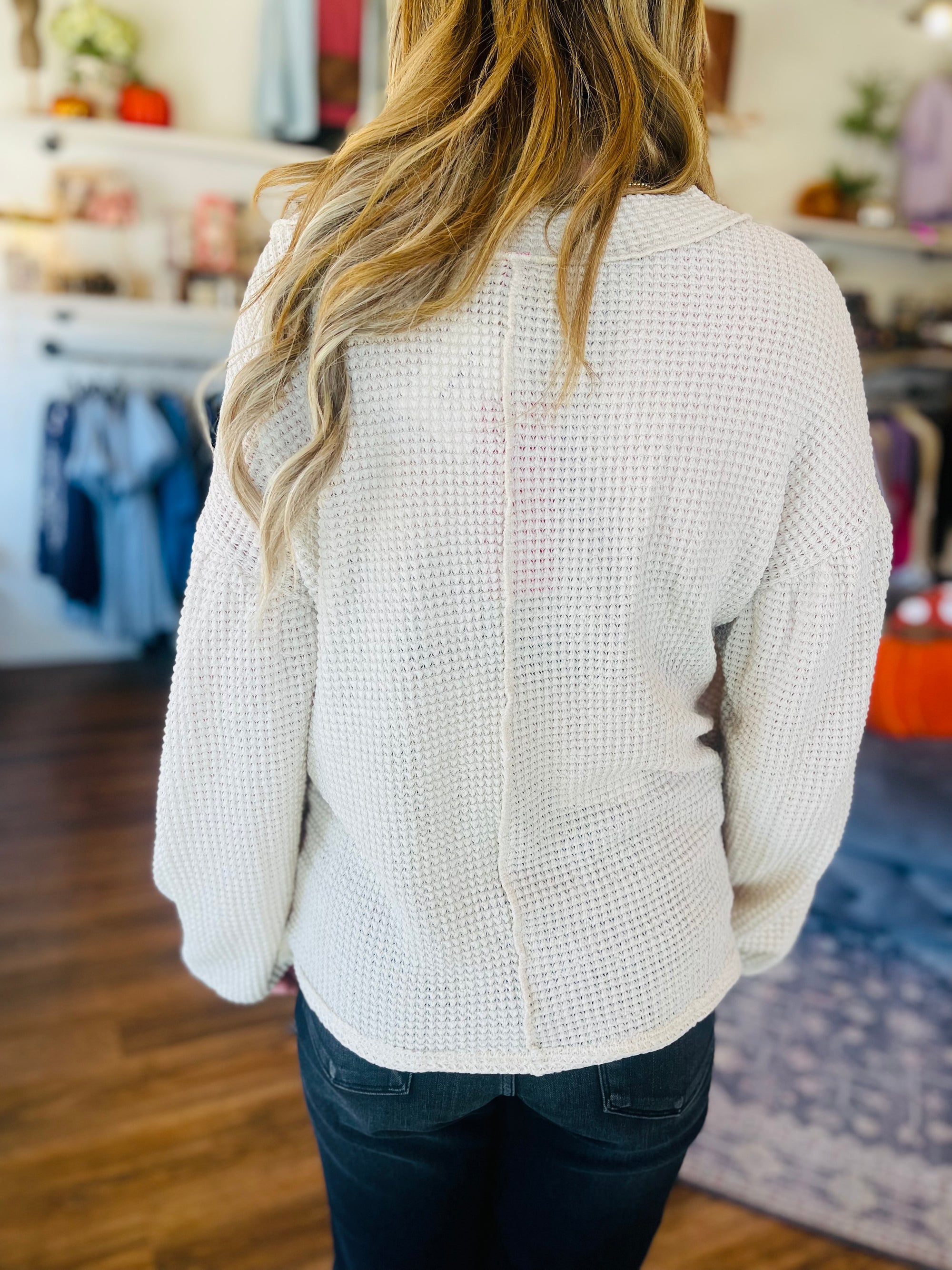 Beige V-Neck Waffle Knit Top