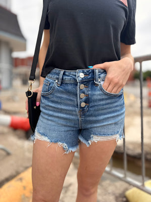Risen High Rise Button Fly Shorts w/ Raw Hem