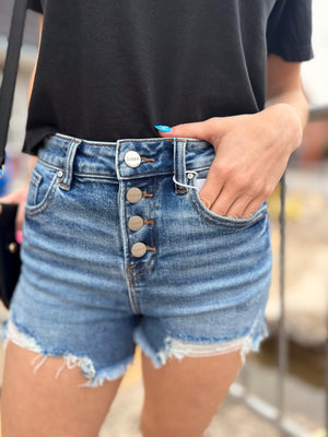 Risen High Rise Button Fly Shorts w/ Raw Hem