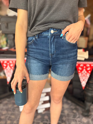 Risen Dark Wash Cuffed Hem Shorts