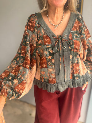 Pol Charcoal Multi Patchwork Balloon Sleeve Peasant Top