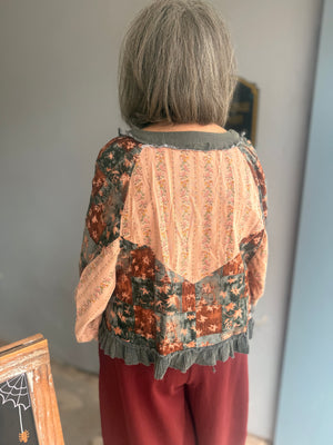 Pol Charcoal Multi Patchwork Balloon Sleeve Peasant Top