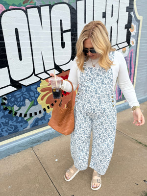 Oddi White + Blue Floral Print Cropped Barrel Overalls