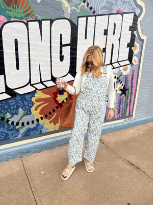 Oddi White + Blue Floral Print Cropped Barrel Overalls