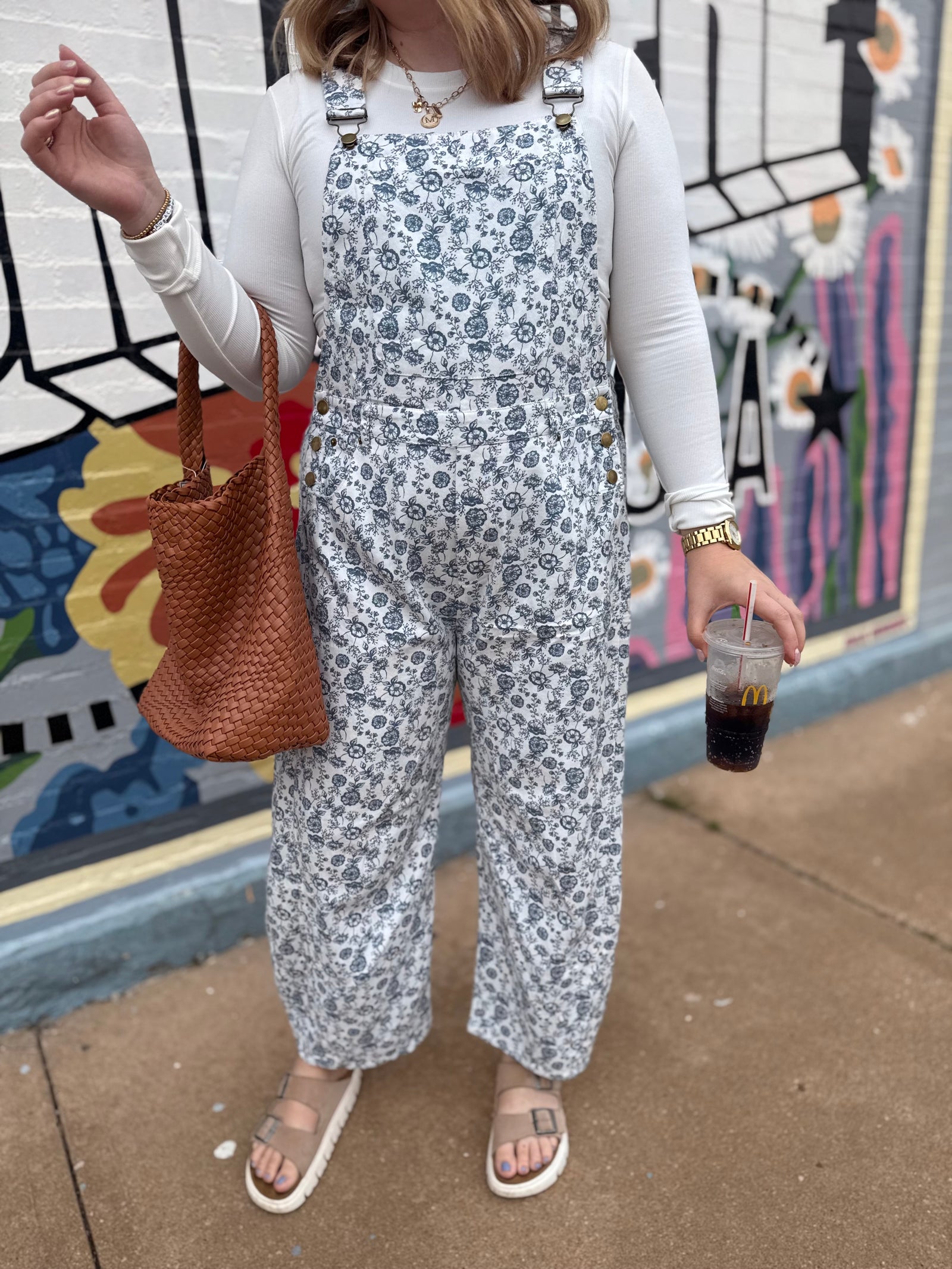 Oddi White + Blue Floral Print Cropped Barrel Overalls