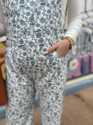 Oddi White + Blue Floral Print Cropped Barrel Overalls