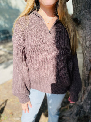 Mocha Quarter Zip Knitted Polo Sweater