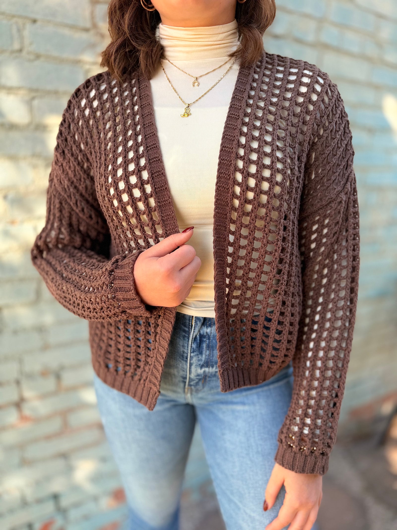 Brown Crochet Open Knit Cardigan
