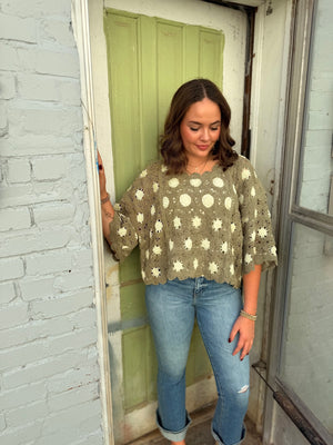 Pol Olive Mix Cropped Crochet Short Sleeve Top