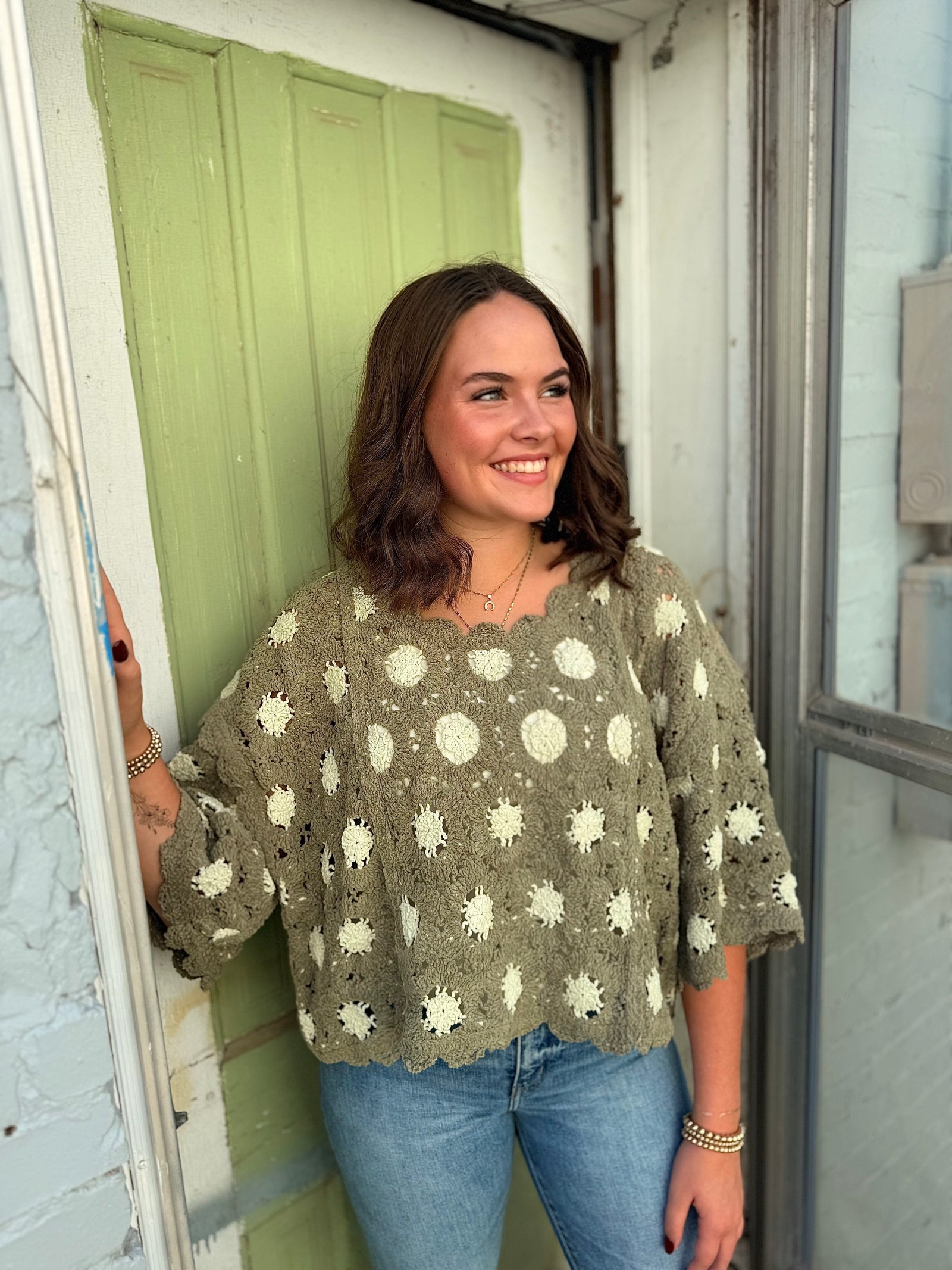 Pol Olive Mix Cropped Crochet Short Sleeve Top