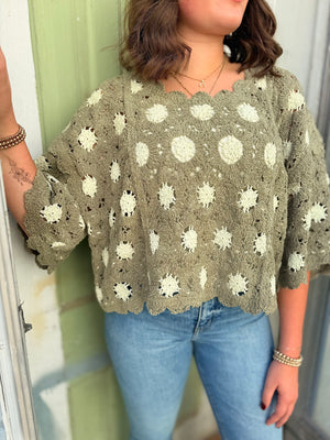 Pol Olive Mix Cropped Crochet Short Sleeve Top