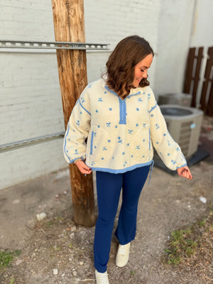 Cream + Blue Floral Embroidered Sherpa Half Zip