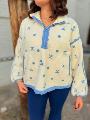Cream + Blue Floral Embroidered Sherpa Half Zip