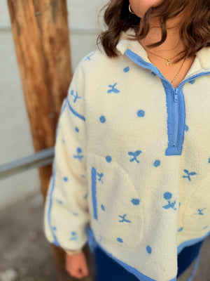 Cream + Blue Floral Embroidered Sherpa Half Zip