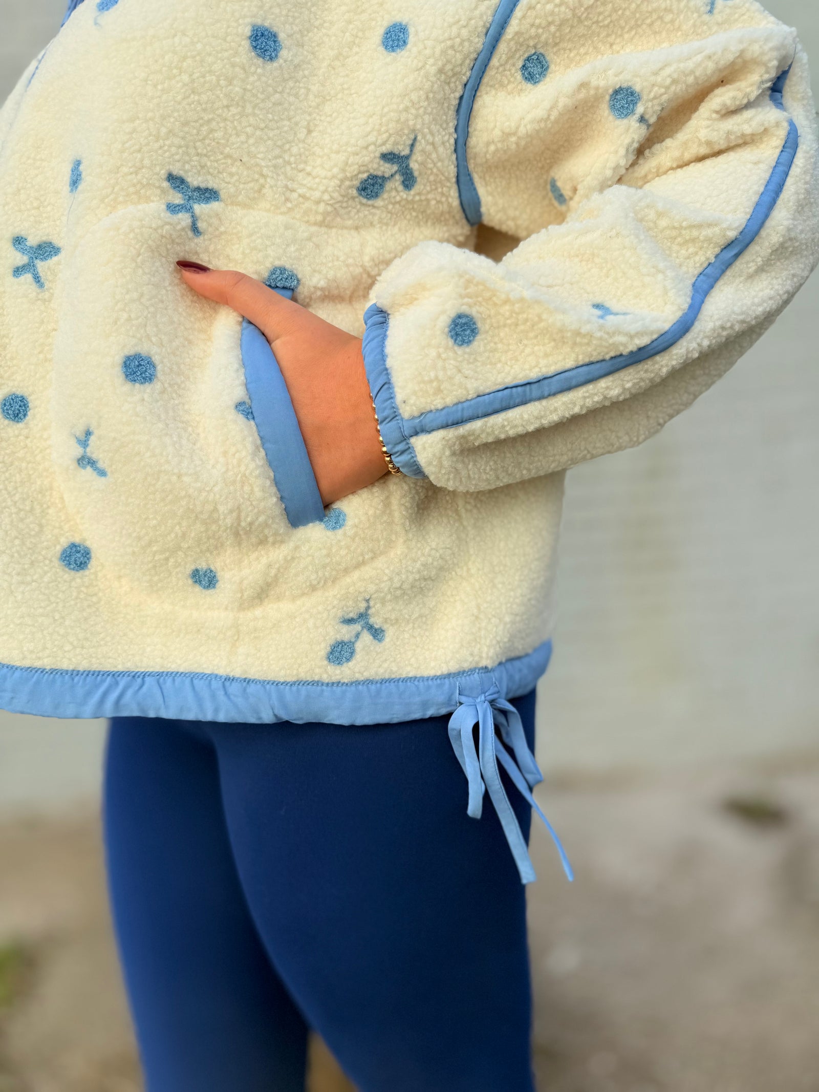 Cream + Blue Floral Embroidered Sherpa Half Zip