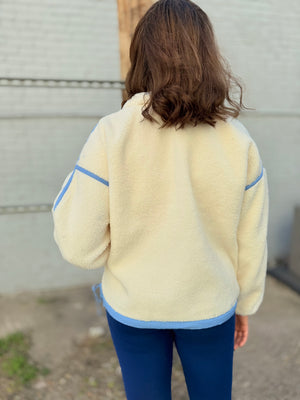 Cream + Blue Floral Embroidered Sherpa Half Zip