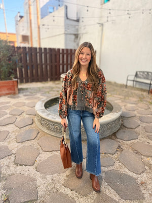 Pol Charcoal Multi Patchwork Balloon Sleeve Peasant Top