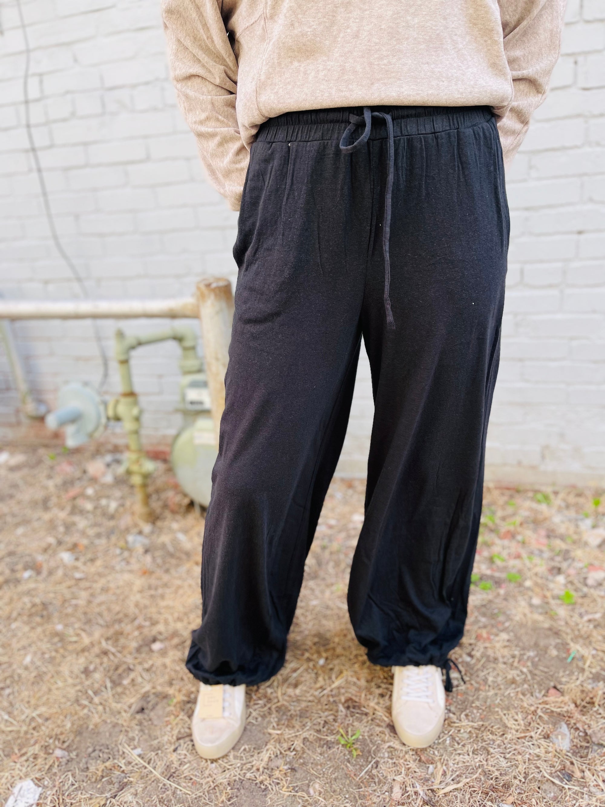 Black Cotton Joggers w/ Tie Bottom