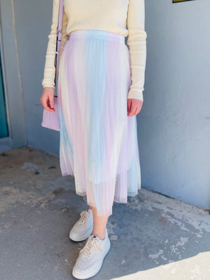 Muted Rainbow Pleated Mesh Midi Skirt