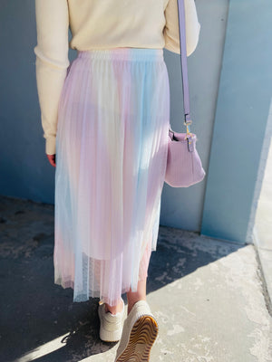 Muted Rainbow Pleated Mesh Midi Skirt