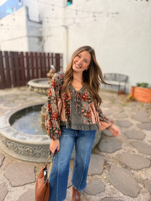 Pol Charcoal Multi Patchwork Balloon Sleeve Peasant Top