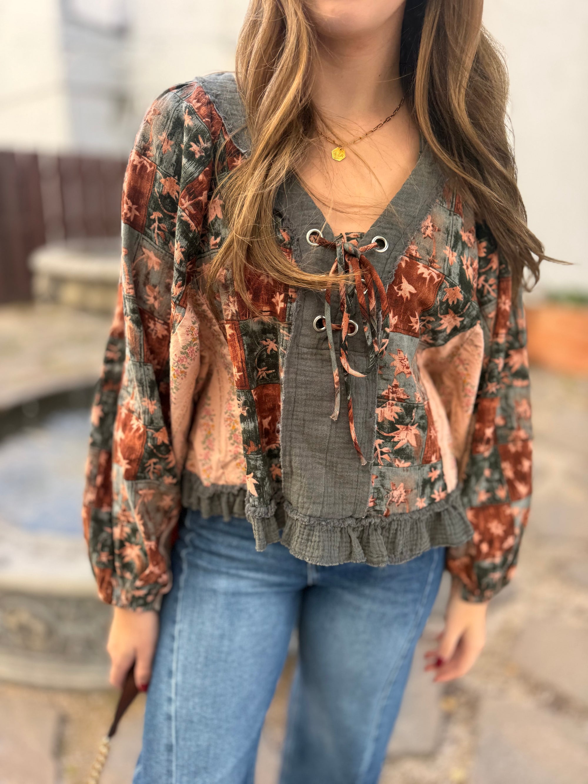 Pol Charcoal Multi Patchwork Balloon Sleeve Peasant Top
